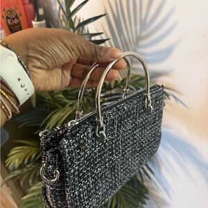 Chic Black & White Tweed Top-Handle Tote